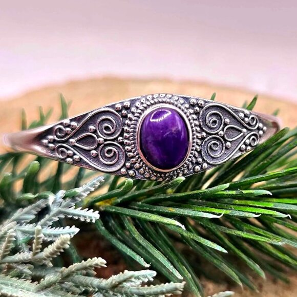 Nature Sugilite Sterling Silver S925 Stamped Cuff Bangle - Picture 1 of 10